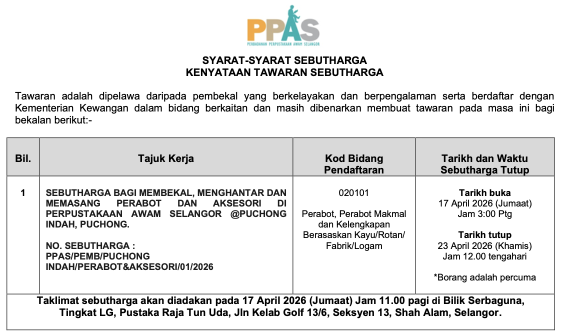 SEBUTHARGA BAGI MEMBEKAL, MENGHANTAR DAN MEMASANG PERABOT DAN AKSESORI DI PERPUSTAKAAN AWAM SELANGOR @ PUCHONG INDAH, PUCHONG